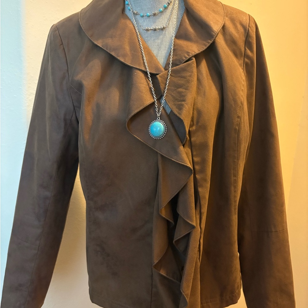Charter Club Tan Ruffle Front Blazer with Necklace